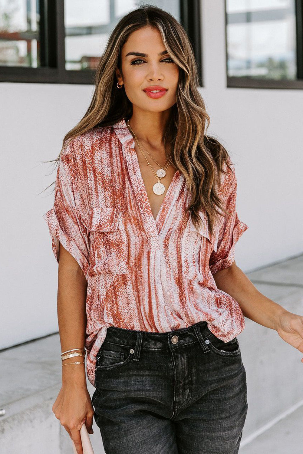 Printed Pocket Short Sleeve Blouse